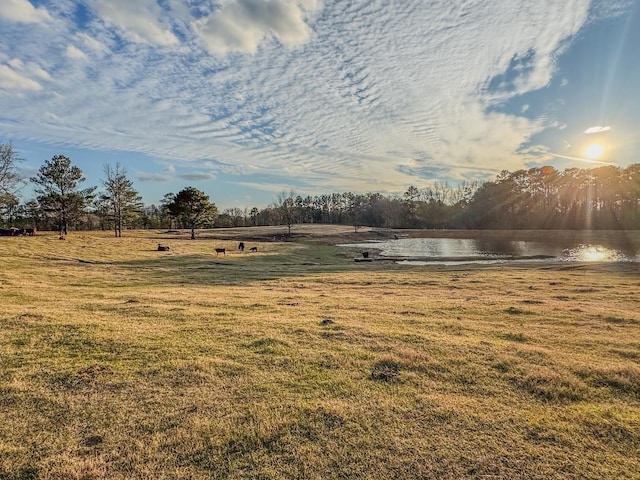 view of yard featuring a rural view and a water view