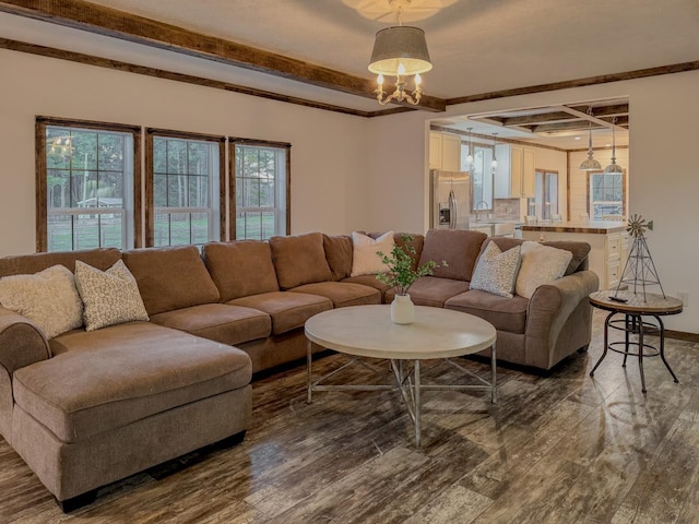 living room featuring dark hardwood / wood-style floors, coffered ceiling, sink, and beam ceiling