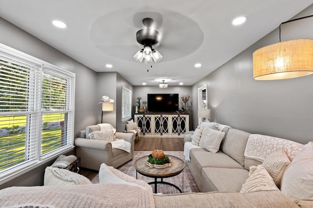 living room with hardwood / wood-style floors and ceiling fan