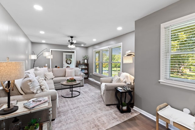 living room featuring ceiling fan and hardwood / wood-style floors