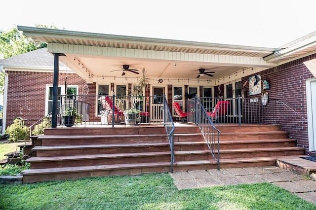 exterior space with covered porch and ceiling fan