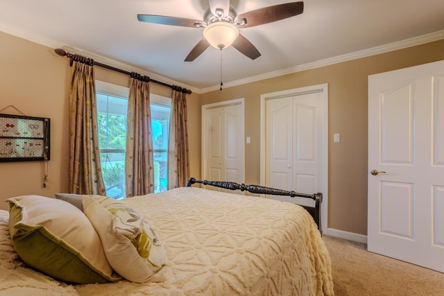 bedroom featuring access to outside, light colored carpet, ceiling fan, and ornamental molding