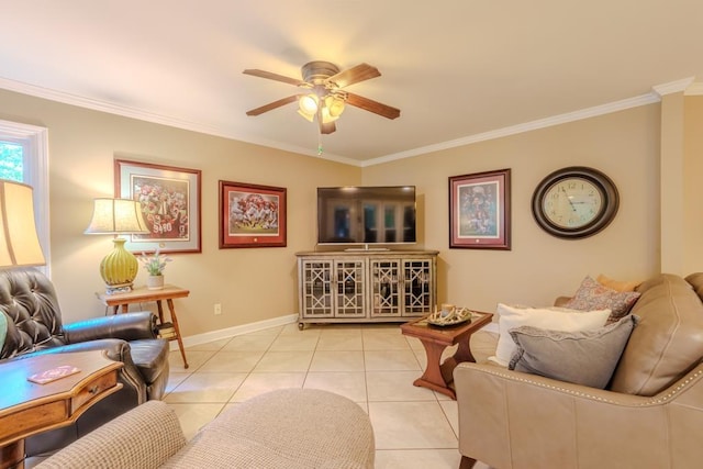 living room featuring ceiling fan, light tile patterned floors, and ornamental molding