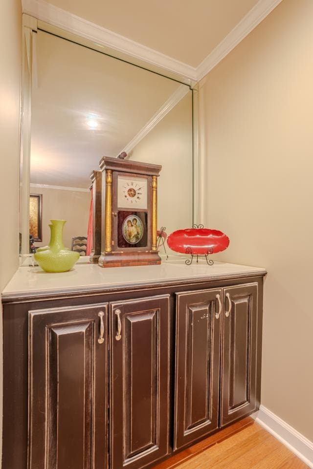 bathroom with hardwood / wood-style flooring and ornamental molding