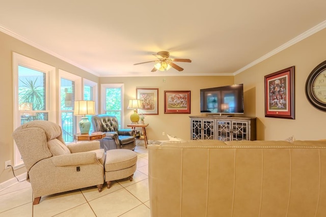 tiled living room featuring crown molding and ceiling fan