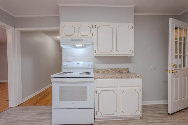 kitchen with light wood-type flooring, electric range, light countertops, and under cabinet range hood