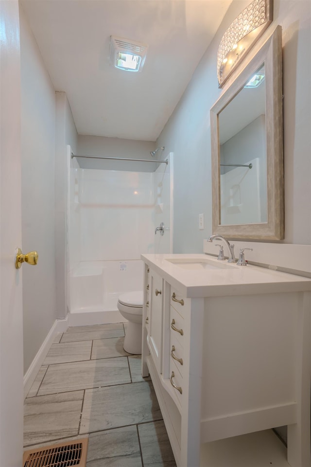 full bathroom with toilet, walk in shower, and visible vents