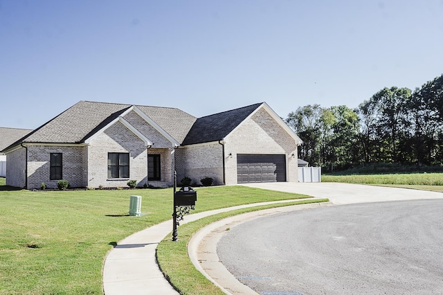 french country inspired facade with a garage and a front lawn