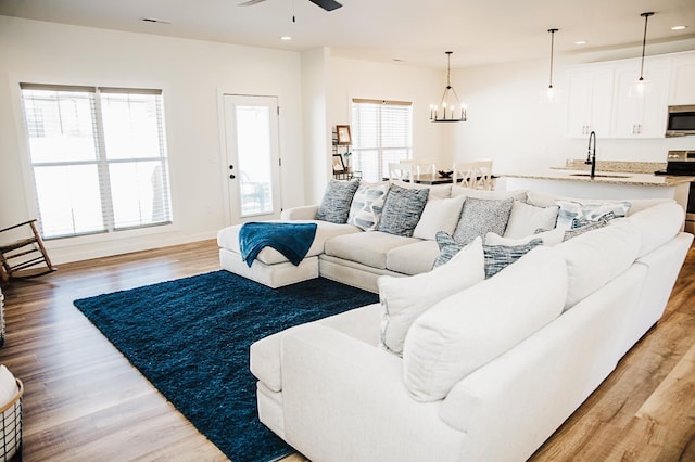 living room featuring ceiling fan with notable chandelier, light wood-type flooring, and sink