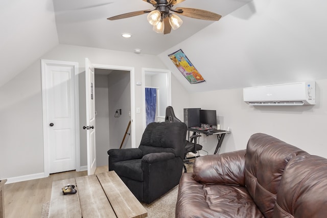 living room featuring light hardwood / wood-style flooring, a wall unit AC, ceiling fan, and lofted ceiling