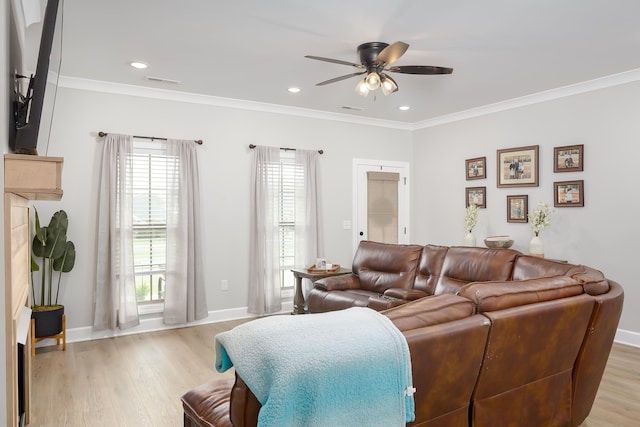 living room with ceiling fan, crown molding, and light wood-type flooring