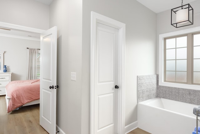 bathroom with hardwood / wood-style flooring, a bathtub, and a wealth of natural light