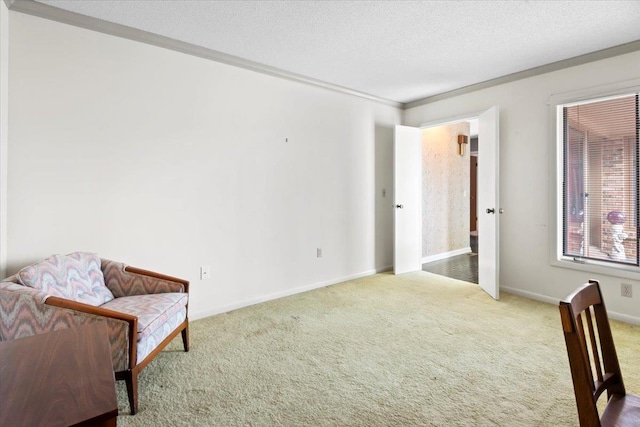 sitting room with ornamental molding, carpet, a textured ceiling, and baseboards