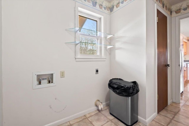 clothes washing area featuring laundry area, washer hookup, electric dryer hookup, and baseboards