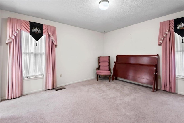 sitting room featuring baseboards, a textured ceiling, visible vents, and carpet flooring