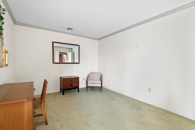 office featuring ornamental molding and light colored carpet