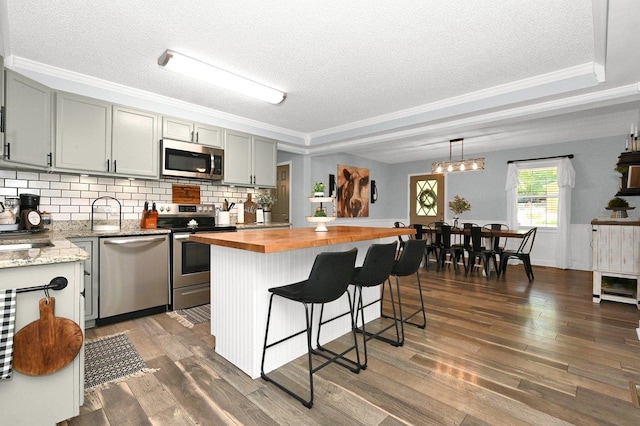 kitchen with tasteful backsplash, dark hardwood / wood-style flooring, butcher block countertops, gray cabinets, and appliances with stainless steel finishes