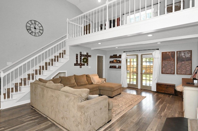 living room featuring dark wood-type flooring