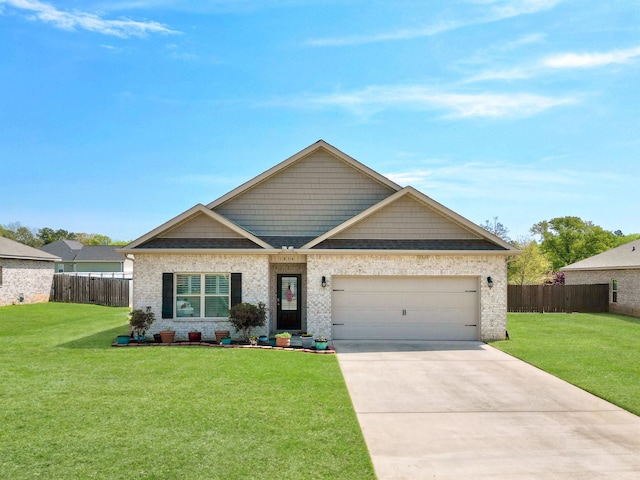 - craftsman house featuring a garage, fence, and a front lawn