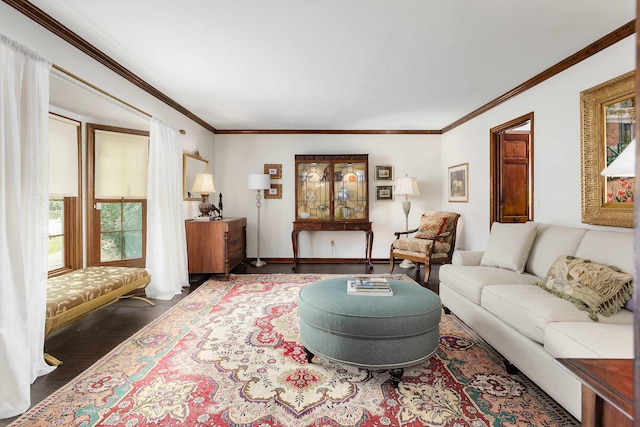 living room featuring crown molding and wood-type flooring