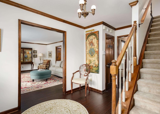 entrance foyer featuring ornamental molding, dark hardwood / wood-style floors, and a notable chandelier