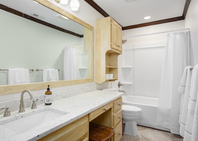 full bathroom with toilet, vanity, crown molding, and shower / bathtub combination with curtain