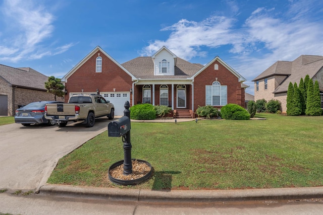  - traditional-style home featuring brick siding, a front lawn, concrete driveway, a garage, and roof with shingles