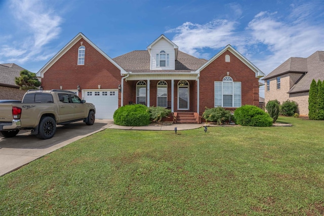  - view of front facade with brick siding, a front lawn, concrete driveway, a porch, and a shingled roof