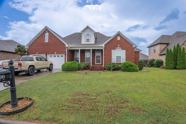- traditional-style home with brick siding, a front lawn, concrete driveway, a shingled roof, and a garage