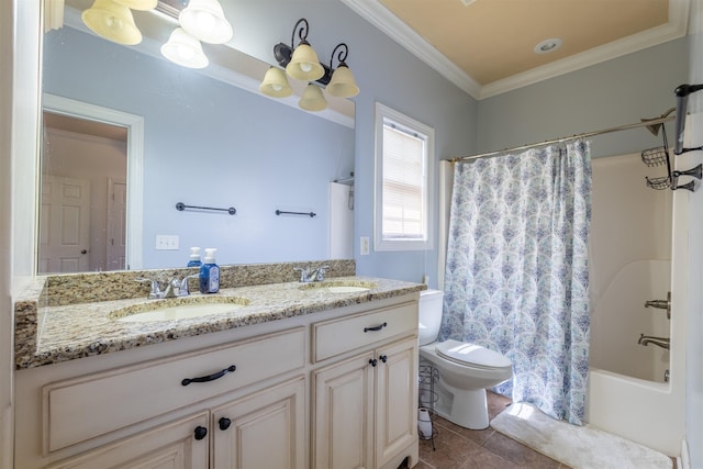  - bathroom featuring double vanity, ornamental molding, shower / bath combination with curtain, and tile patterned floors