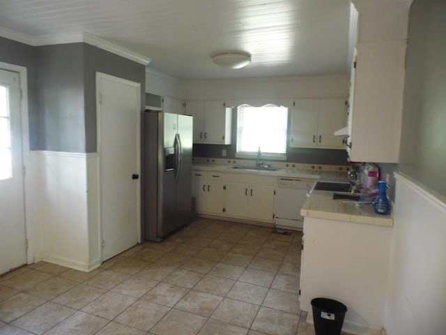  - kitchen featuring stainless steel fridge with ice dispenser, dishwasher, wainscoting, white cabinetry, and light tile patterned floors