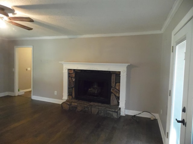  - living room with a stone fireplace, ceiling fan, wood finished floors, and ornamental molding