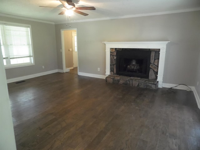  - unfurnished living room with a fireplace, wood finished floors, a ceiling fan, and crown molding