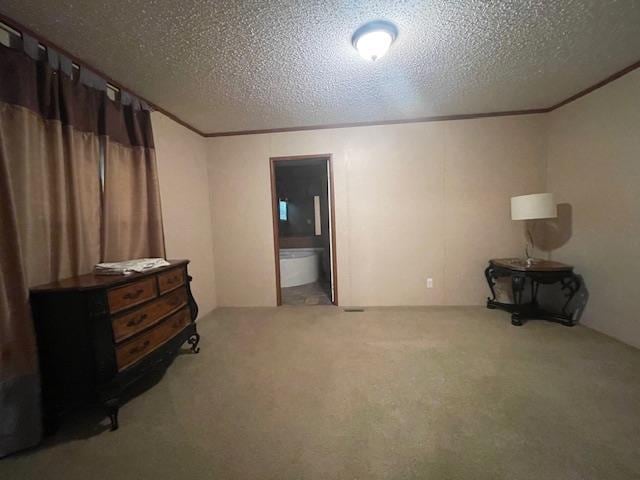 interior space with ornamental molding, carpet flooring, and a textured ceiling