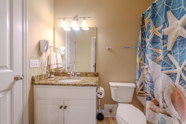 bathroom with vanity, curtained shower, and toilet