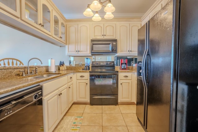 kitchen featuring crown molding, sink, black appliances, a notable chandelier, and light tile patterned flooring