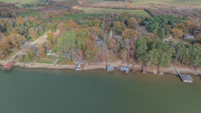 drone / aerial view with a water view and a wooded view