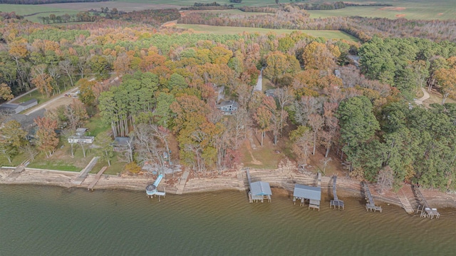 birds eye view of property with a water view and a view of trees