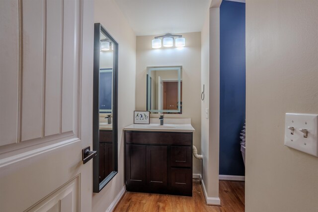 bathroom featuring wood finished floors, vanity, and baseboards