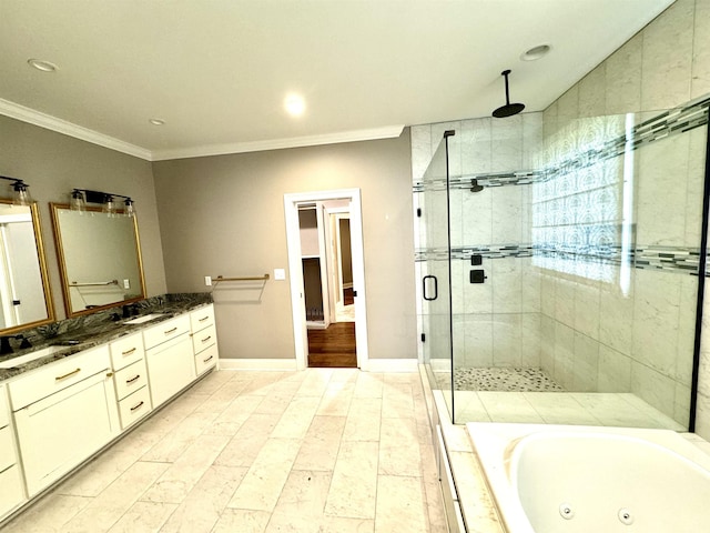 bathroom featuring vanity, separate shower and tub, and crown molding