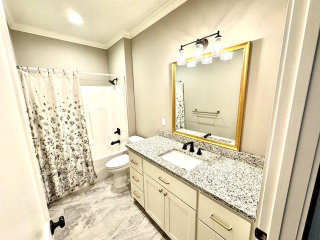 full bathroom featuring shower / bath combination with curtain, vanity, toilet, and ornamental molding