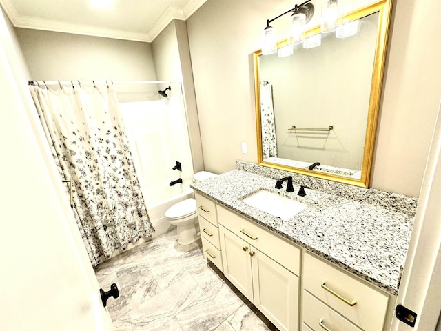 full bathroom featuring vanity, toilet, ornamental molding, and shower / tub combo with curtain