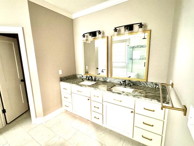 bathroom featuring vanity, an enclosed shower, and ornamental molding