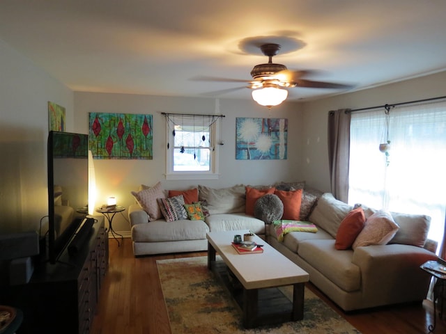 living room featuring ceiling fan and dark hardwood / wood-style flooring