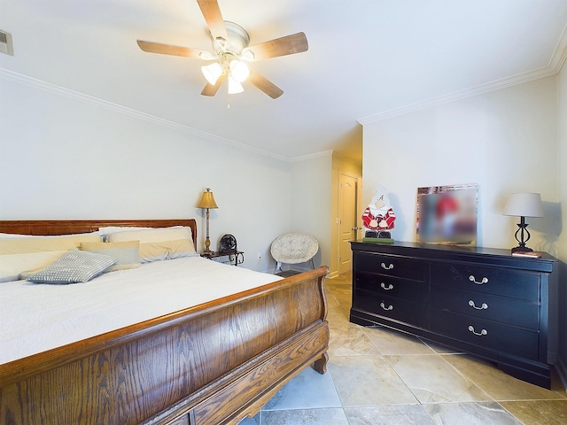 bedroom with ceiling fan and crown molding