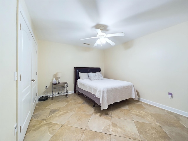 bedroom with ceiling fan and a closet