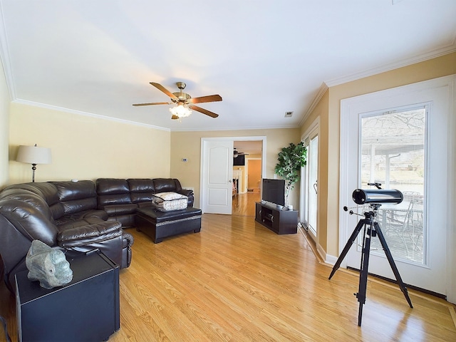 living room with ceiling fan, plenty of natural light, ornamental molding, and hardwood / wood-style flooring