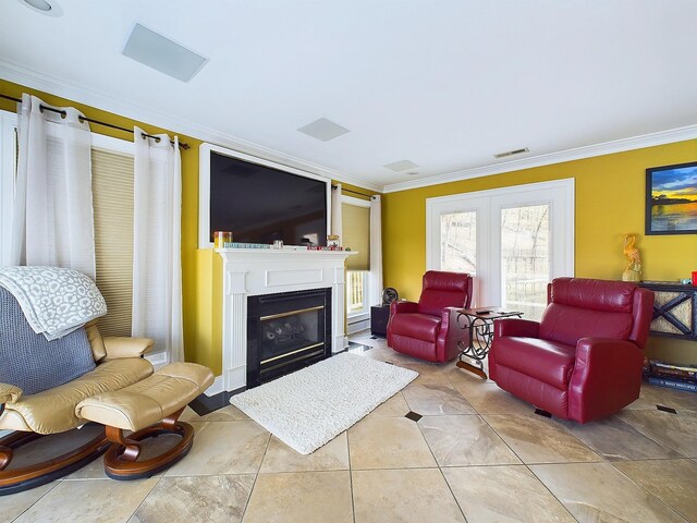 tiled living room with ornamental molding