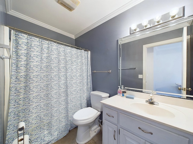 bathroom featuring vanity, toilet, and crown molding