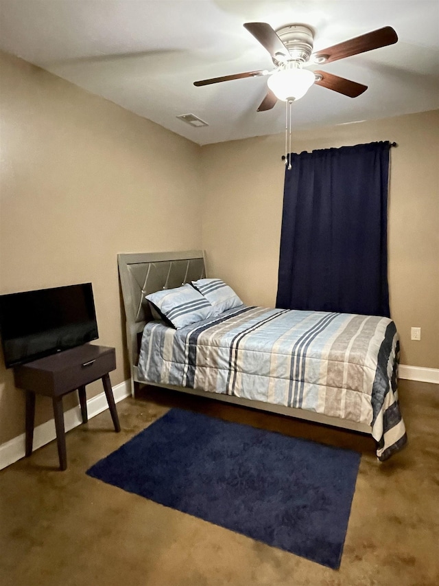 bedroom with dark colored carpet, a ceiling fan, visible vents, and baseboards